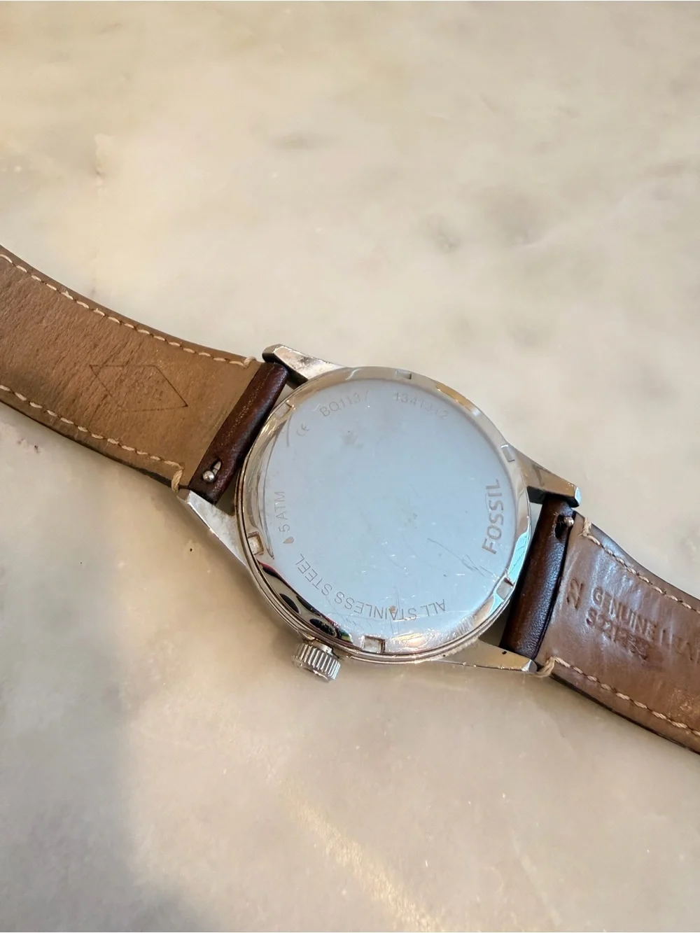 Fossil Men's Silver Dial Watch with Brown Leather Strap